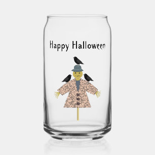Halloween Straw Scarecrow and Ravens Custom Can Glass