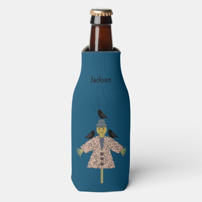 Halloween Straw Scarecrow and Ravens Custom Name Bottle Cooler (Bottle Front)