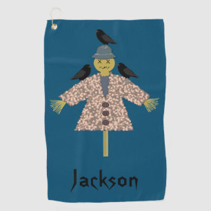 Halloween Straw Scarecrow and Ravens Custom Name Golf Towel