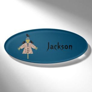 Halloween Straw Scarecrow and Ravens Custom Name Tag