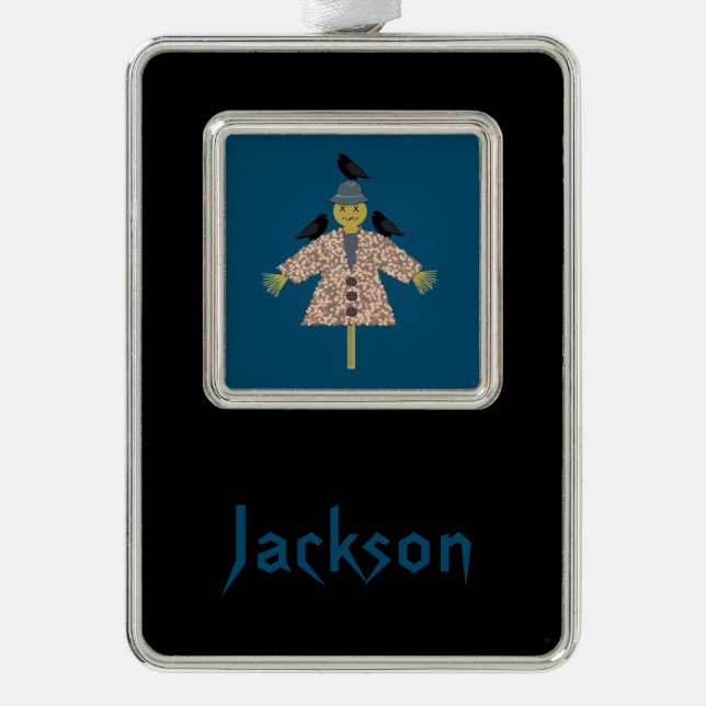 Halloween Straw Scarecrow and Ravens Custom Silver Plated Framed Ornament (Front)