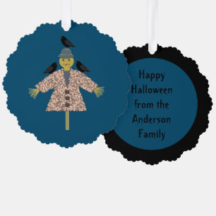 Halloween Straw Scarecrow and Ravens Custom Tree Decoration Card