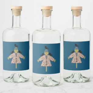 Halloween Straw Scarecrow and Ravens Liquor Bottle Label