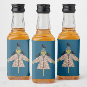 Halloween Straw Scarecrow and Ravens Liquor Bottle Label