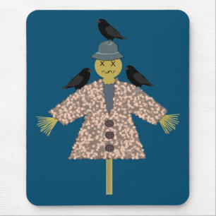 Halloween Straw Scarecrow and Ravens Mouse Mat