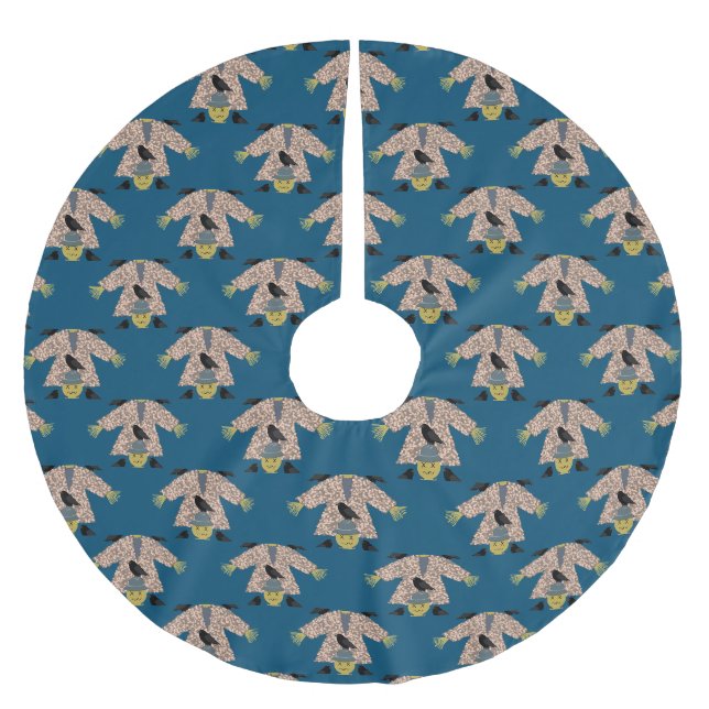 Halloween Straw Scarecrow and Ravens Patterned Brushed Polyester Tree Skirt (Front)
