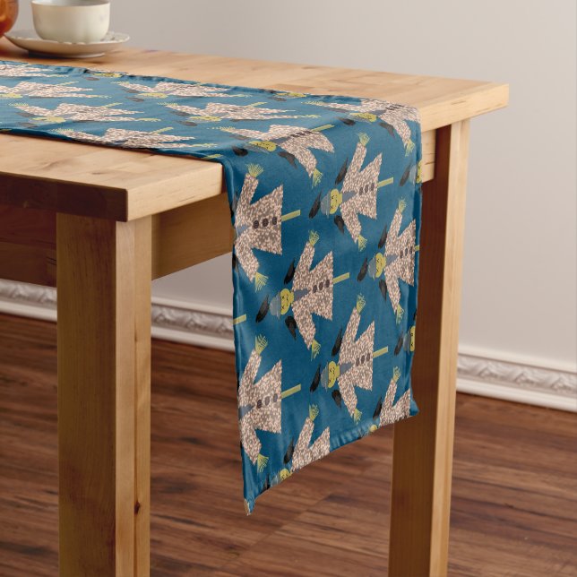 Halloween Straw Scarecrow and Ravens Patterned Short Table Runner (In Situ)