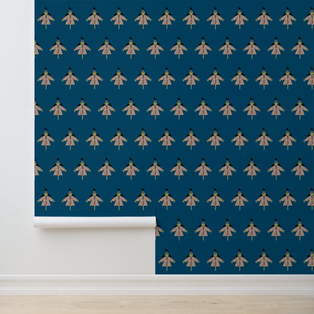 Halloween Straw Scarecrow and Ravens Patterned Wallpaper (Application)