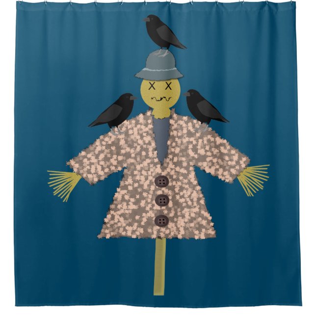 Halloween Straw Scarecrow and Ravens Shower Curtain (Front)