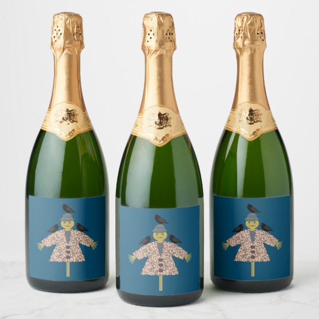 Halloween Straw Scarecrow and Ravens Sparkling Wine Label (Bottles)