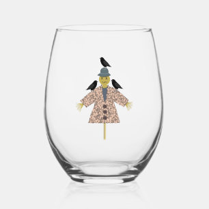 Halloween Straw Scarecrow and Ravens Stemless Wine Glass