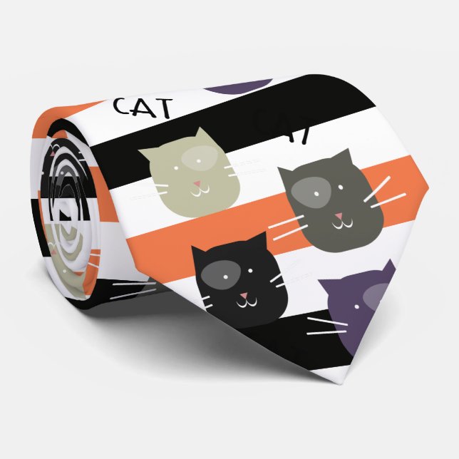 Halloween Stripe Adorable Cat with Spot Whimsical Tie (Rolled)