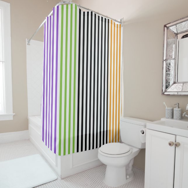 Halloween Stripes Purple Green Black Orange Shower Curtain (In Situ)