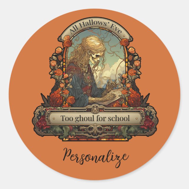 Halloween Student Skeleton Funny Quote Personalise Classic Round Sticker (Front)
