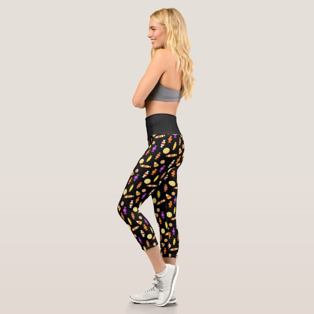 Halloween Style Candy Patter on Black Capri Leggings (Left)