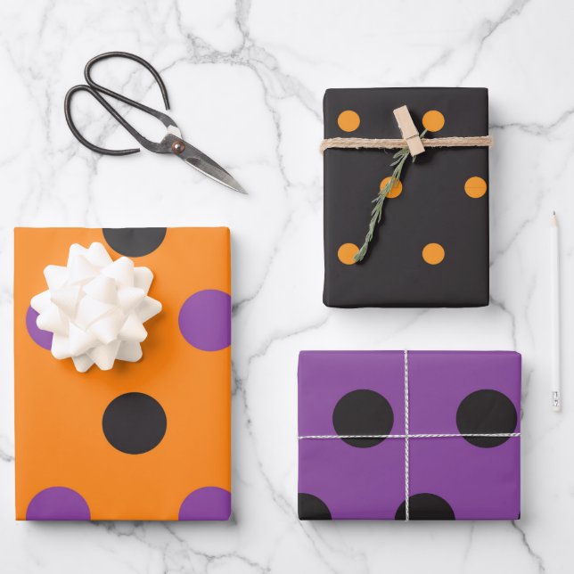 Halloween Style Polka Dot Purple Black Orange Fun  Wrapping Paper Sheet (Front)