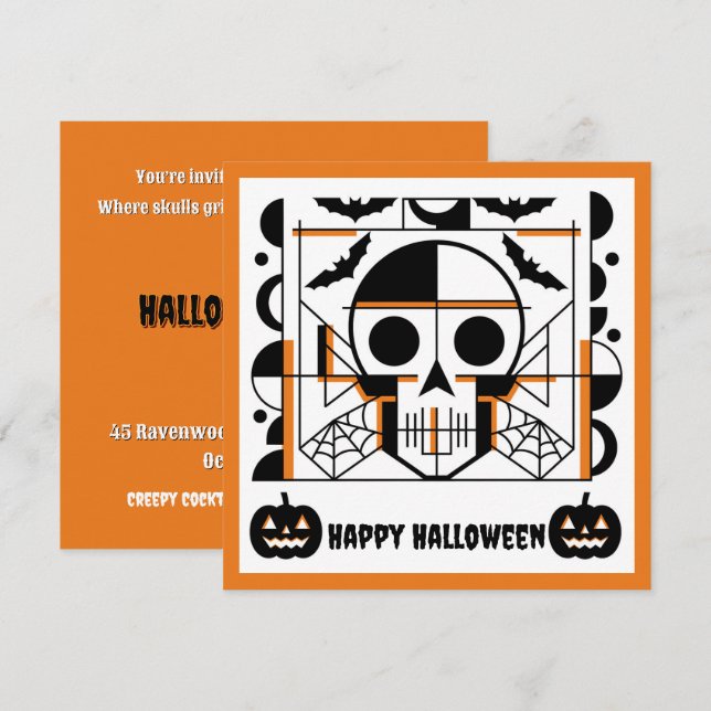 Halloween-style skull, bats, spider webs invitation (Front/Back)