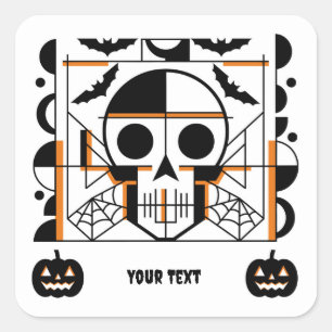 Halloween-style skull, bats, spider webs square sticker