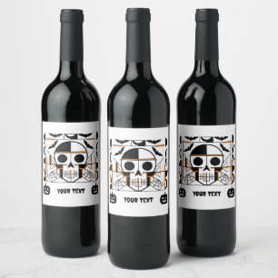Halloween-style skull, bats, spider webs wine label