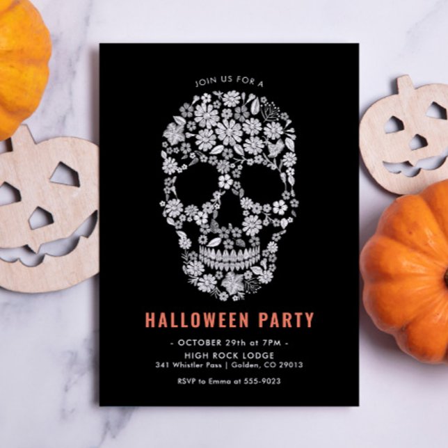Halloween Sugar Skull Black Floral Invitation (Creator Uploaded)