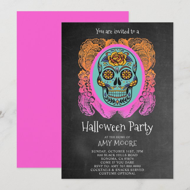 Halloween Sugar Skull Chalkboard Party Invitation (Front/Back)