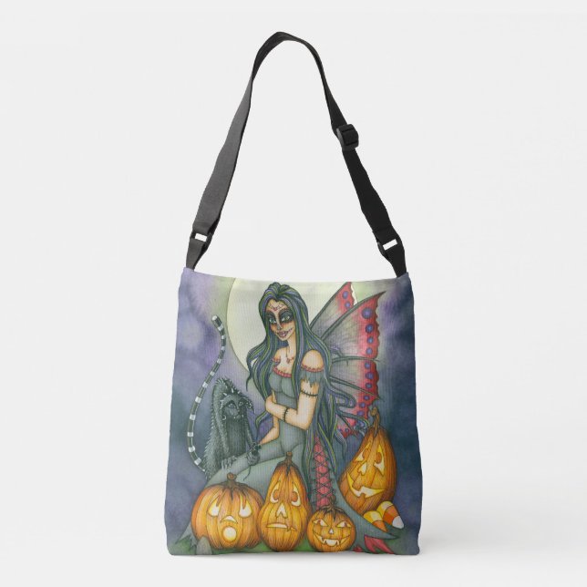 Halloween Sugar Skull Fairy Pumpkin Cat Crossbody Bag (Back)