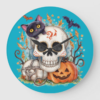 Halloween,Sugar Skull Kitty ,Cute,Jack O Lantern Large Clock