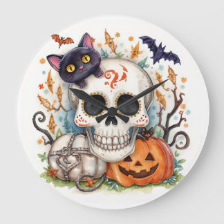 Halloween,Sugar Skull Kitty ,Cute,Jack O Lantern Large Clock