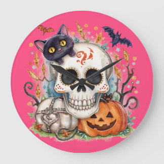 Halloween,Sugar Skull Kitty ,Cute,Jack O Lantern Large Clock