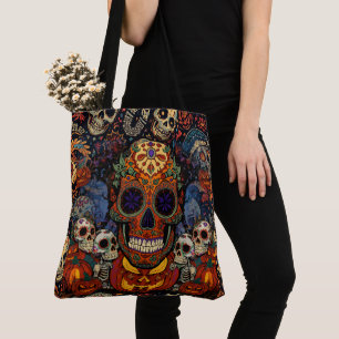 Halloween,Sugar Skull Pumpkin Fiesta, Calavera Tote Bag