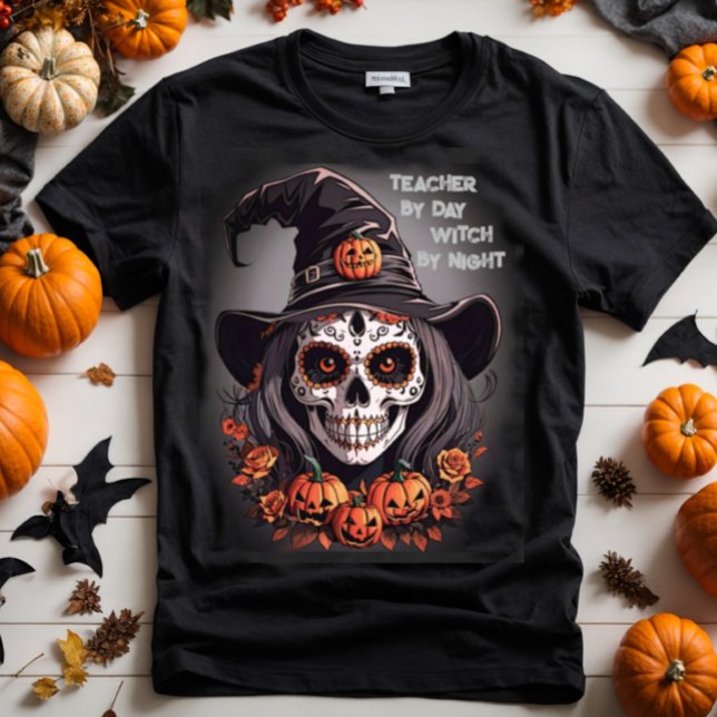 Halloween sugar skull witch custom funny text T-Shirt (Halloween sugar skull witch with hat and pumpkins.)