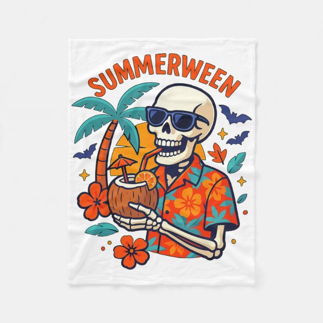 Halloween Summer Ween Skeleton Spooky Vacation Flo Fleece Blanket (Front)