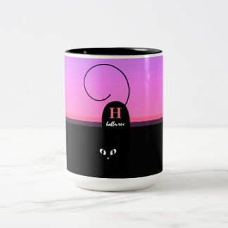 Halloween Sunset Black Cat Monogram Two-Tone Coffee Mug