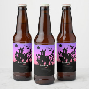 Halloween Sunset Night Witch and Bats Hunted House Beer Bottle Label