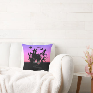 Halloween Sunset Night Witch and Bats Hunted House Cushion