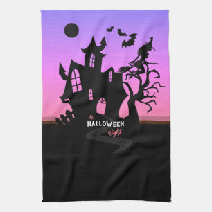 Halloween Sunset Night Witch and Bats Hunted House Tea Towel