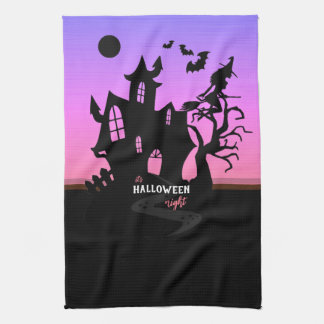 Halloween Sunset Night Witch and Bats Hunted House Tea Towel