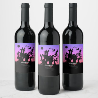 Halloween Sunset Night Witch and Bats Hunted House Wine Label