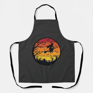 Halloween Sunset Witch Silhouette Retro Circle Des Apron