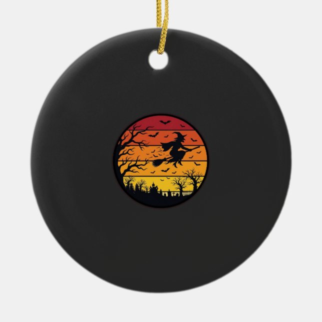 Halloween Sunset Witch Silhouette Retro Circle Des Ceramic Tree Decoration (Front)