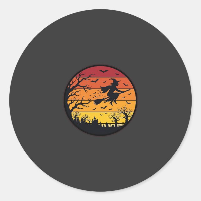 Halloween Sunset Witch Silhouette Retro Circle Des Classic Round Sticker (Front)