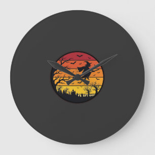 Halloween Sunset Witch Silhouette Retro Circle Des Large Clock