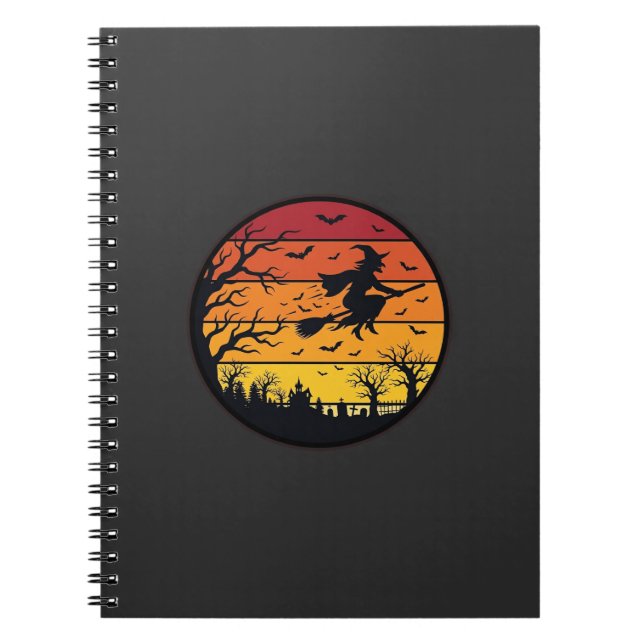 Halloween Sunset Witch Silhouette Retro Circle Des Notebook (Front)