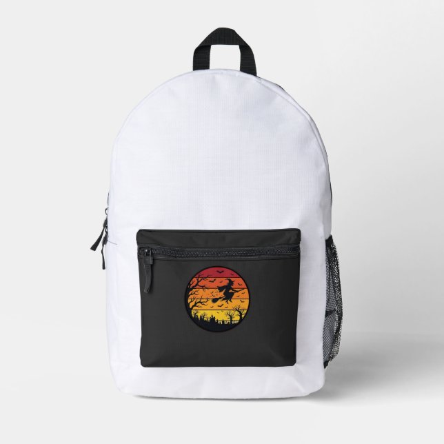 Halloween Sunset Witch Silhouette Retro Circle Des Printed Backpack (Front)