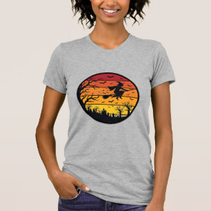 Halloween Sunset Witch Silhouette Retro Circle Des T-Shirt