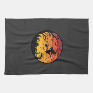 Halloween Sunset Witch Silhouette Retro Circle Des Tea Towel