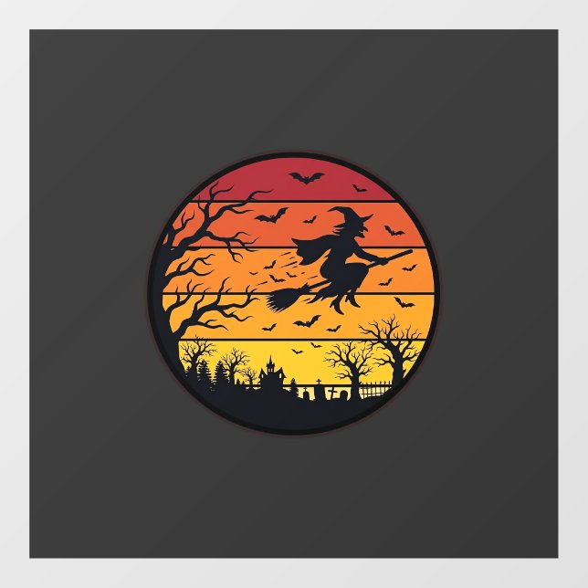 Halloween Sunset Witch Silhouette Retro Circle Des Window Cling (Sheet)