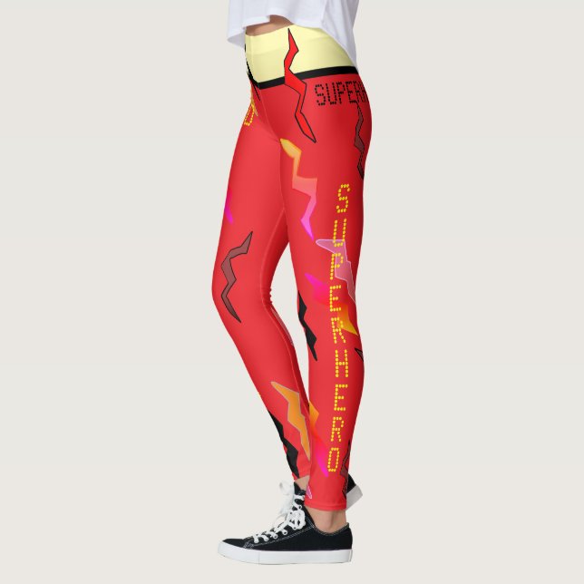 Halloween Superhero Red Cream Lightning Bolts Leggings (Left)