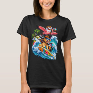 Halloween Surf Dogs Cats & Flamingo Wave Adventure T-Shirt