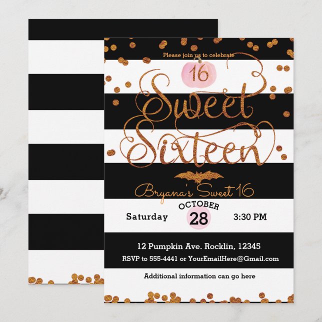 Halloween Sweet 16 Birthday Party Black White Pink Invitation (Front/Back)